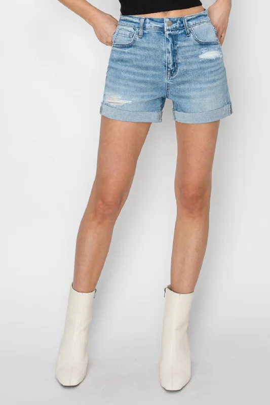 Women new styled Denim and the:RISEN Distressed Mid-Rise Waist Denim Shorts