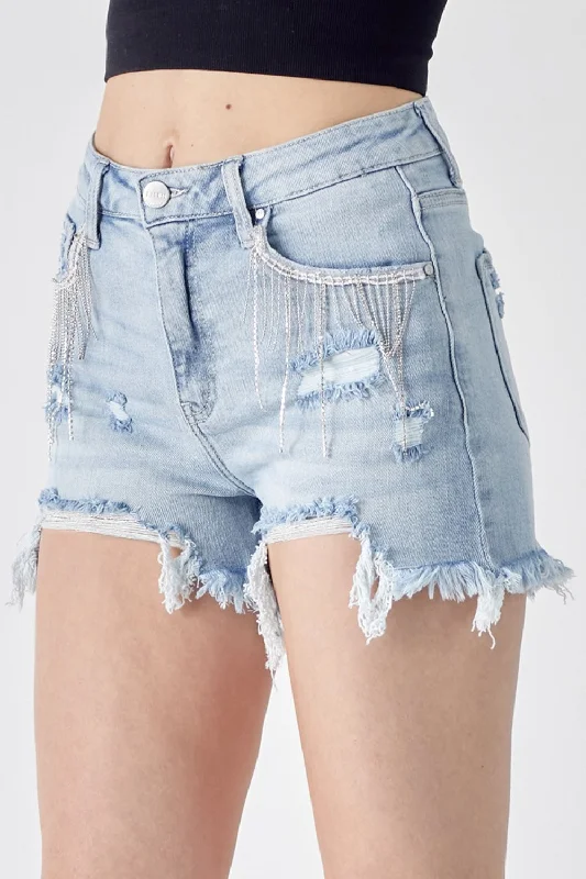 Women's denim shorts and a sweater-RISEN Frayed Hem Denim Shorts with Fringe Detail Pockets Women's denim shorts and a sweater-RISEN Frayed Hem Denim Shorts with Fringe Detail Pockets