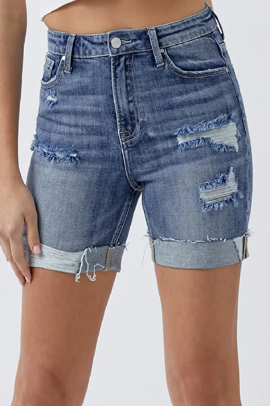 Stylish women from brand styled or plus -RISEN Full Size Distressed Rolled Denim Shorts with Pockets