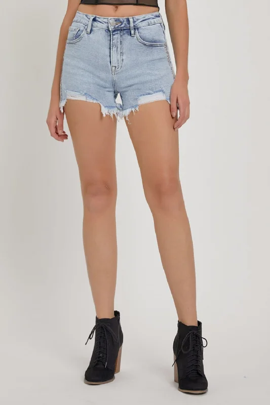 Women's denim shorts with a low-rise waist-RISEN Full Size High Rise Rhinestone Strap Embellished Denim Shorts