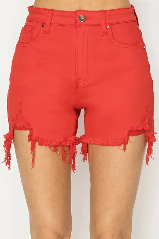 Women's denim shorts and white sneakers-RISEN High Rise Distressed Denim Shorts