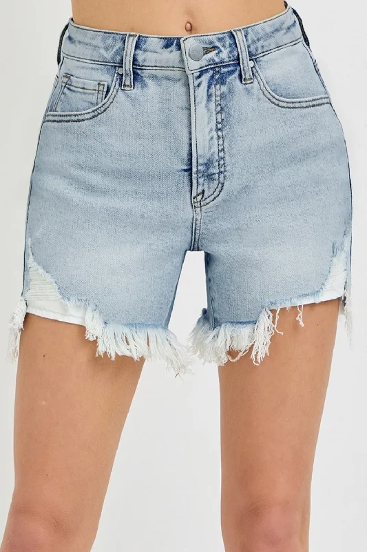 Women's denim shorts with great options on denim style for great to fits :RISEN High Rise Side Step Hem Denim Shorts