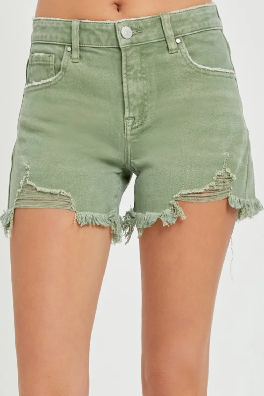 Women's denim shorts on sale-RISEN Mid Waist Frayed Hem Denim Shorts