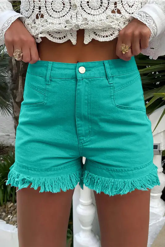 Women's denim shorts with frayed hems-Riviera Fringe Denim Shorts