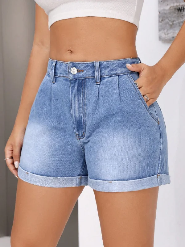 Women's denim shorts on the boardwalk :Rolled Hem Mid-Rise Waist Denim Shorts