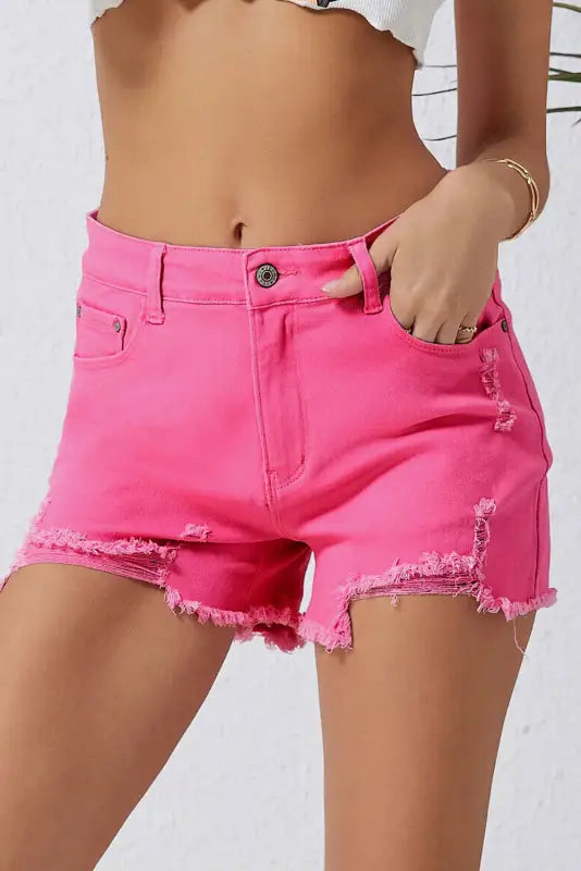 Women's denim shorts and a button-down shirt-Distressed Denim Shorts - Slim Fit Rose Women's denim shorts and a button-down shirt-Distressed Denim Shorts - Slim Fit Rose