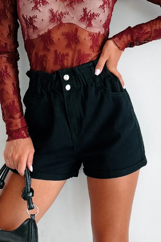 Women's denim shorts with a watch-Samantha Denim Paperbag Shorts (Black)