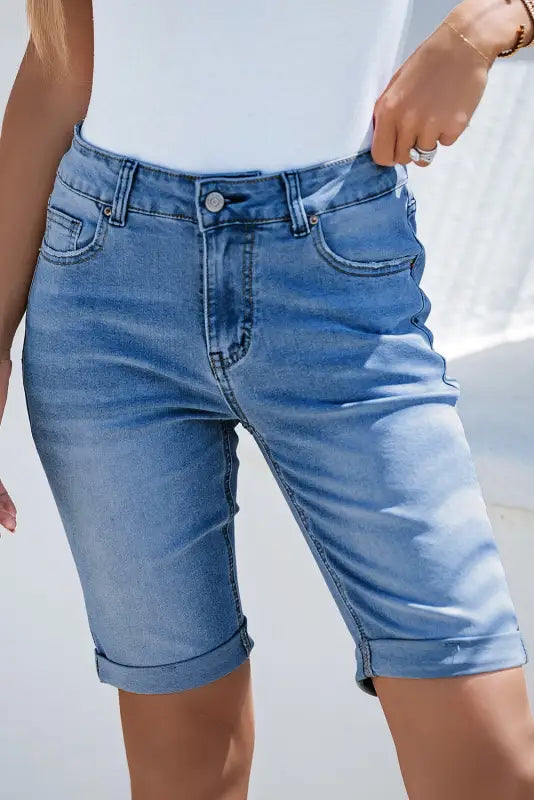 Women's denim shorts for everyday wear-Bermuda Short Jeans - Sky Blue Acid Wash Roll-up Edge Women's denim shorts for everyday wear-Bermuda Short Jeans - Sky Blue Acid Wash Roll-up Edge