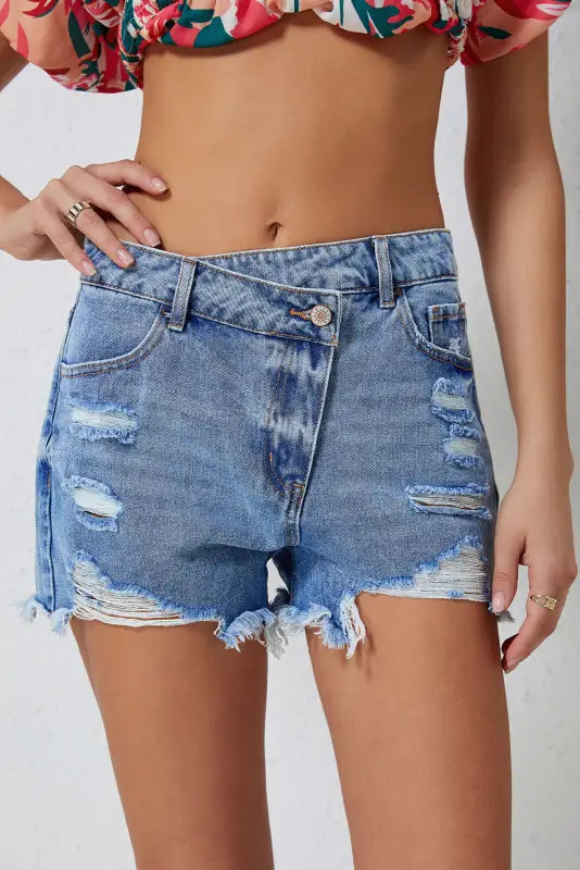 Women's denim shorts with a dark wash-Crossover Waist Denim Shorts