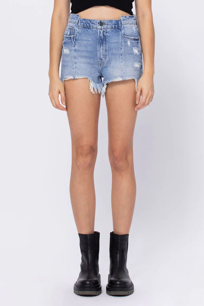 Women's denim shorts for spring and summer styles :Sofie Medium wash repaired mom short Women's denim shorts for spring and summer styles :Sofie Medium wash repaired mom short