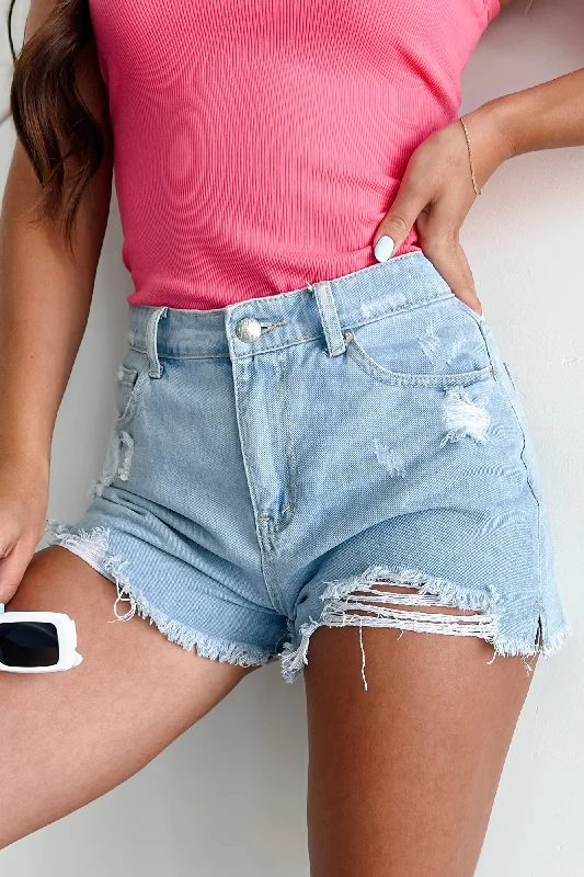 Women's denim shorts with a dark wash-Sorka High Rise Distressed Denim Shorts (Light Denim) Women's denim shorts with a dark wash-Sorka High Rise Distressed Denim Shorts (Light Denim)