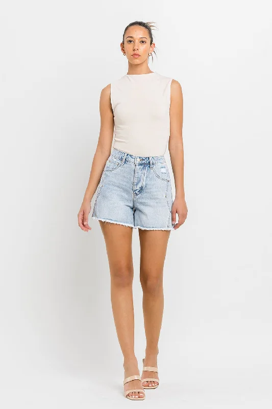 Women's denim shorts with different hemline options :Super High Rise Rivet Shorts by Flying Monkey Women's denim shorts with different hemline options :Super High Rise Rivet Shorts by Flying Monkey
