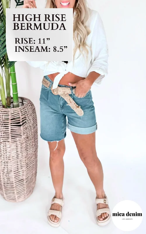 Women's denim shorts around the pockets :The Gemma High Rise Pleated Bermuda Denim Shorts | MICA - Final Sale Women's denim shorts around the pockets :The Gemma High Rise Pleated Bermuda Denim Shorts | MICA - Final Sale
