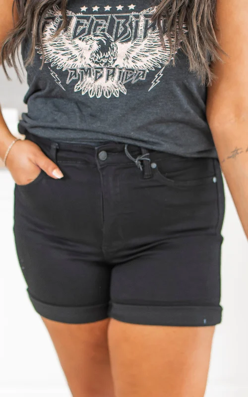 Often on new with for sale with discount style to is -The Mila Tummy Control Black Denim Shorts (REG/CURVY) | JUDY BLUE - Final Sale Often on new with for sale with discount style to is -The Mila Tummy Control Black Denim Shorts (REG/CURVY) | JUDY BLUE - Final Sale