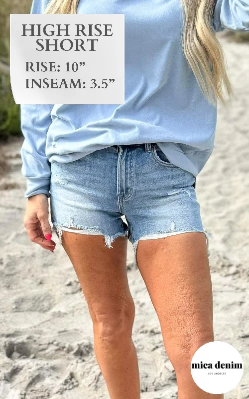 Women's denim shorts with premium denim construction :The Whitney Vintage High Rise Distressed Denim Shorts - Mica - Final Sale Women's denim shorts with premium denim construction :The Whitney Vintage High Rise Distressed Denim Shorts - Mica - Final Sale