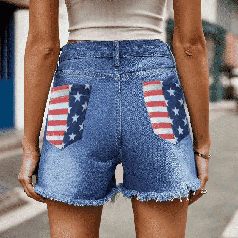 Women's denim shorts and a graphic hoodie-US Flag Distressed Denim Shorts