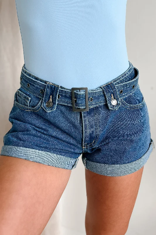 Women's denim shorts for curvy women-Valerie Low Rise Cuff Hem Cello Denim Shorts (Medium Denim)