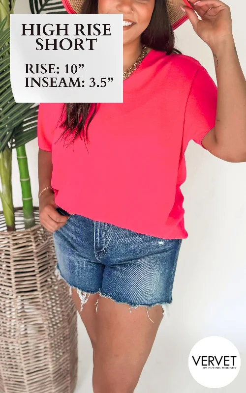 Women's denim shorts for a concert-VERVET | Bulletproof High Rise Raw Hem Denim Shorts - Final Sale