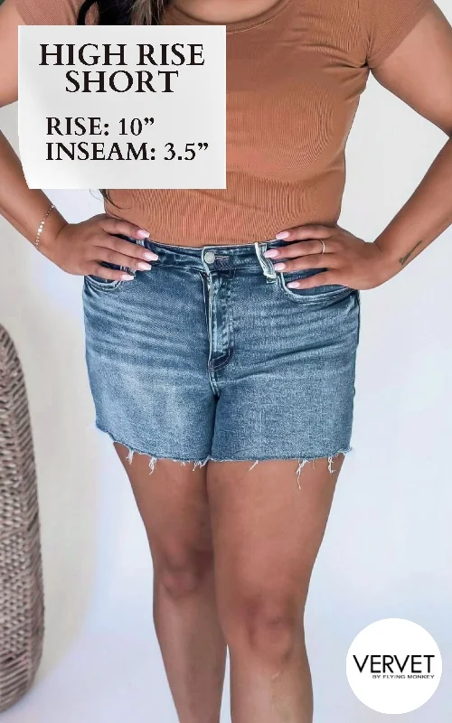 Women's denim shorts with a mid-rise waist-VERVET | Stay Ready High Rise Raw Hem Denim Shorts - Final Sale