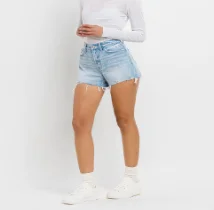Women's denim shorts with an elongated hemline :Fran High Rise Distressed Hem A-line Short in Tana River by Vervet Women's denim shorts with an elongated hemline :Fran High Rise Distressed Hem A-line Short in Tana River by Vervet