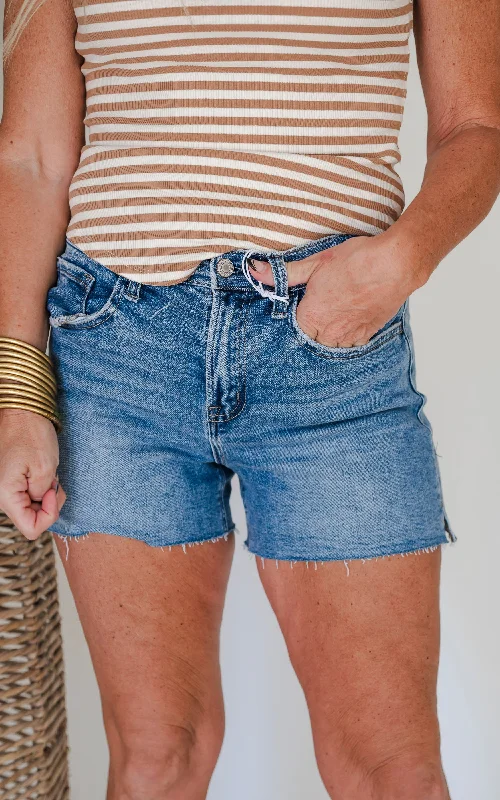 Women's denim shorts with a vintage wash-VERVET | Shocker High Rise Side Slit A-Line Denim Shorts Women's denim shorts with a vintage wash-VERVET | Shocker High Rise Side Slit A-Line Denim Shorts