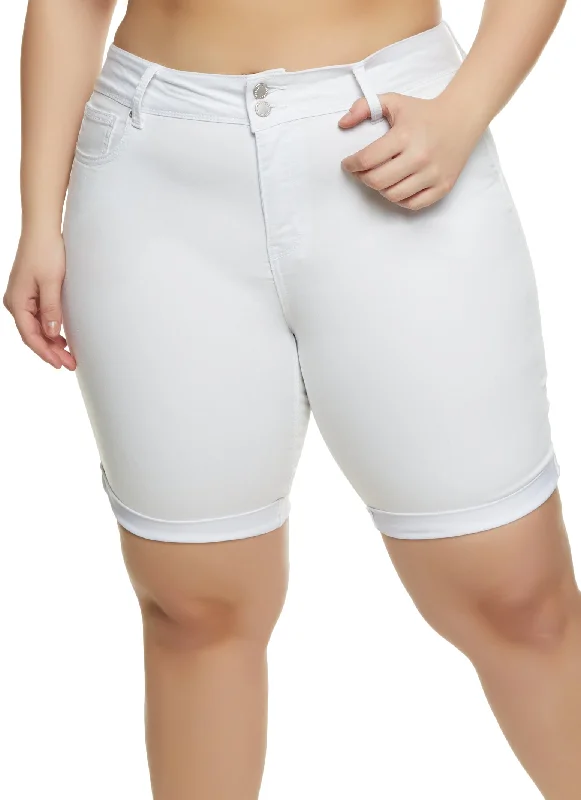 Women's denim shorts and a t-shirt dress-Plus Size Fixed Cuff Denim Bermuda Shorts