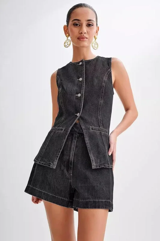 Women's denim shorts not jeans shorts is and for wash-Denim two piece shirt & top