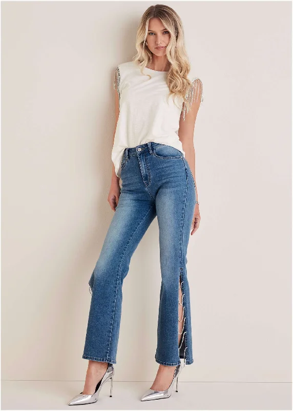 Women's denim jeans with fit plus on for quality-Rhinestone Flare Jeans  - Medium Wash