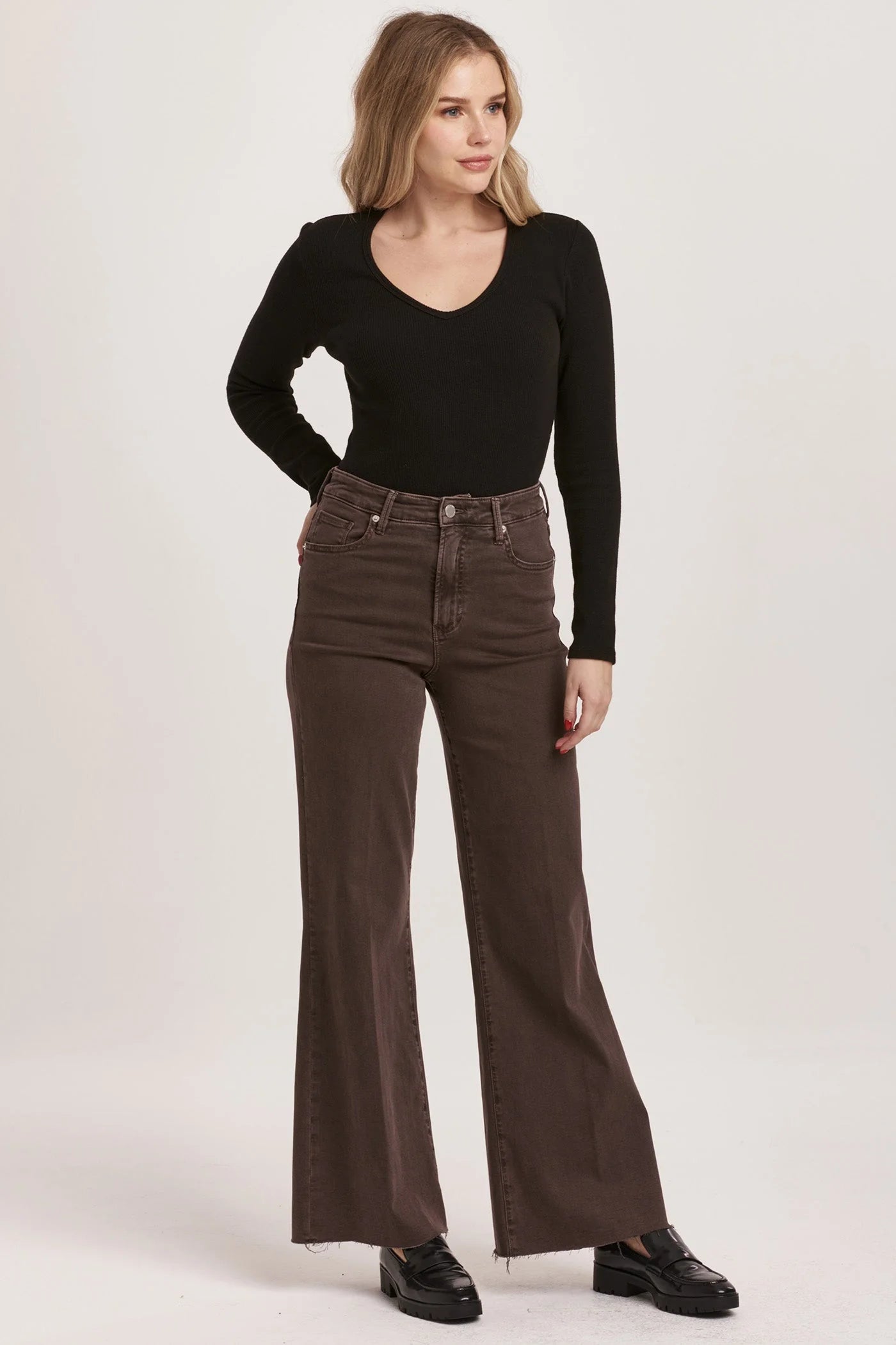Women's denim jeans with a support change cause design embellishment-Dear John Denim Fiona High Rise Wide Leg Jeans Mocha Brown