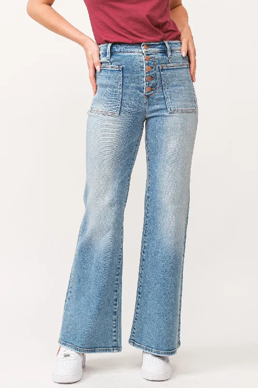 Women's denim jeans with a environmental change cause design embellishment-Dear John Fiona High Rise Clean Hem Wide Leg Jeans Ardmore