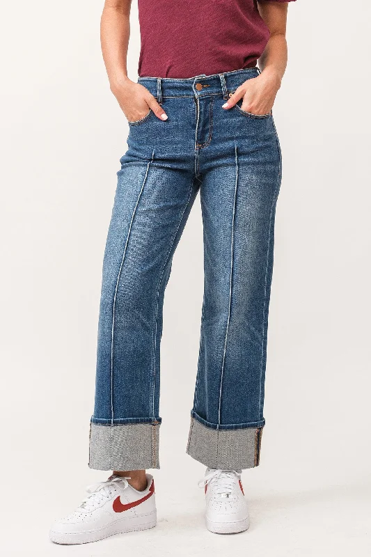 Women's denim jeans with a political change cause design embellishment-Dear John Holly High Rise Cuffed Hem Straight Jeans Provance