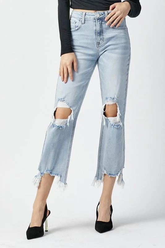 Women's denim jeans with a faith change cause design embellishment-Risen High Rise Straight Crop Jeans