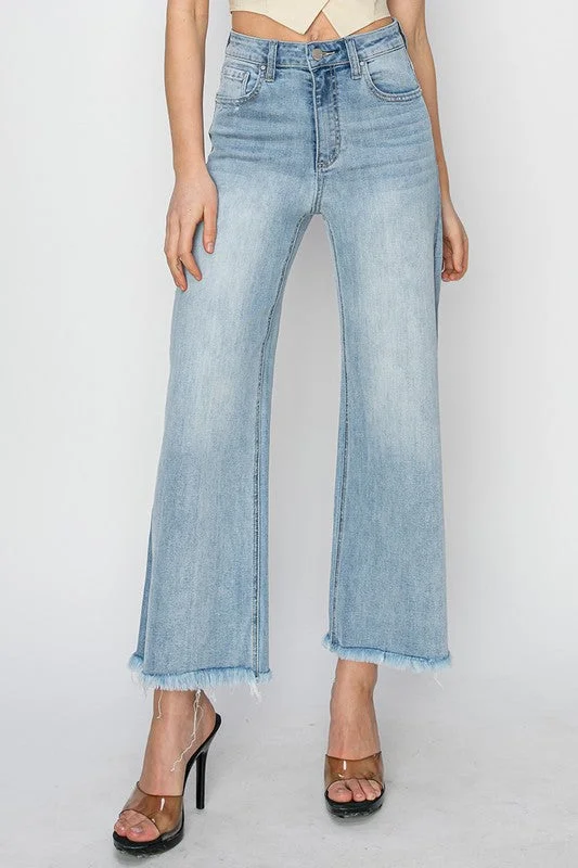 Women's denim jeans with a charity change cause design embellishment-Risen Jeans High Rise Frayed Ankle Wide Jeans