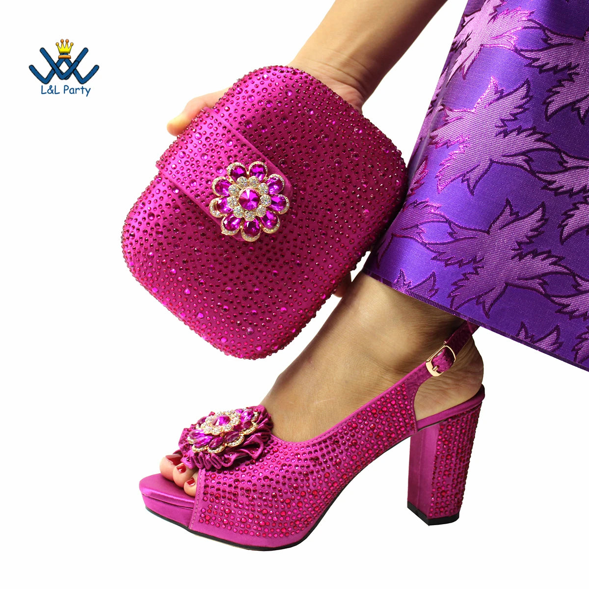 Affordable Rhinestone Pumps for a Dazzling Look---Women Crystal Style African Ladies Party Shoes Matching Bag in Magenta Color