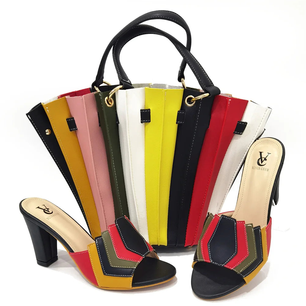 Versatile Heeled Sandals for Any Occasion---Black Color Comfortable Heels Italian Lady Shoes with Matching Bag