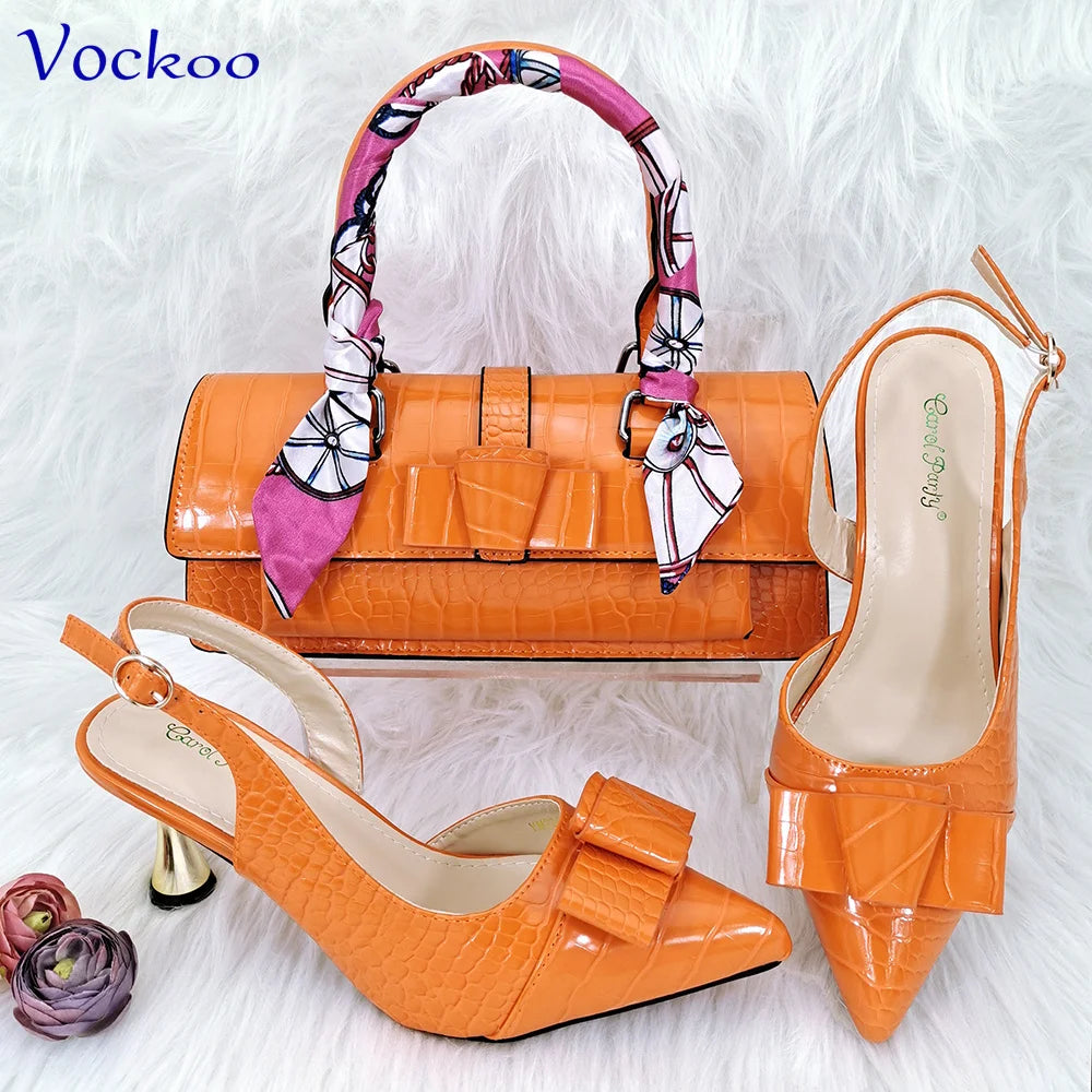 Matching Bag Set in Orange Color Pointed Tole Mature Ladies High Heels Pumps