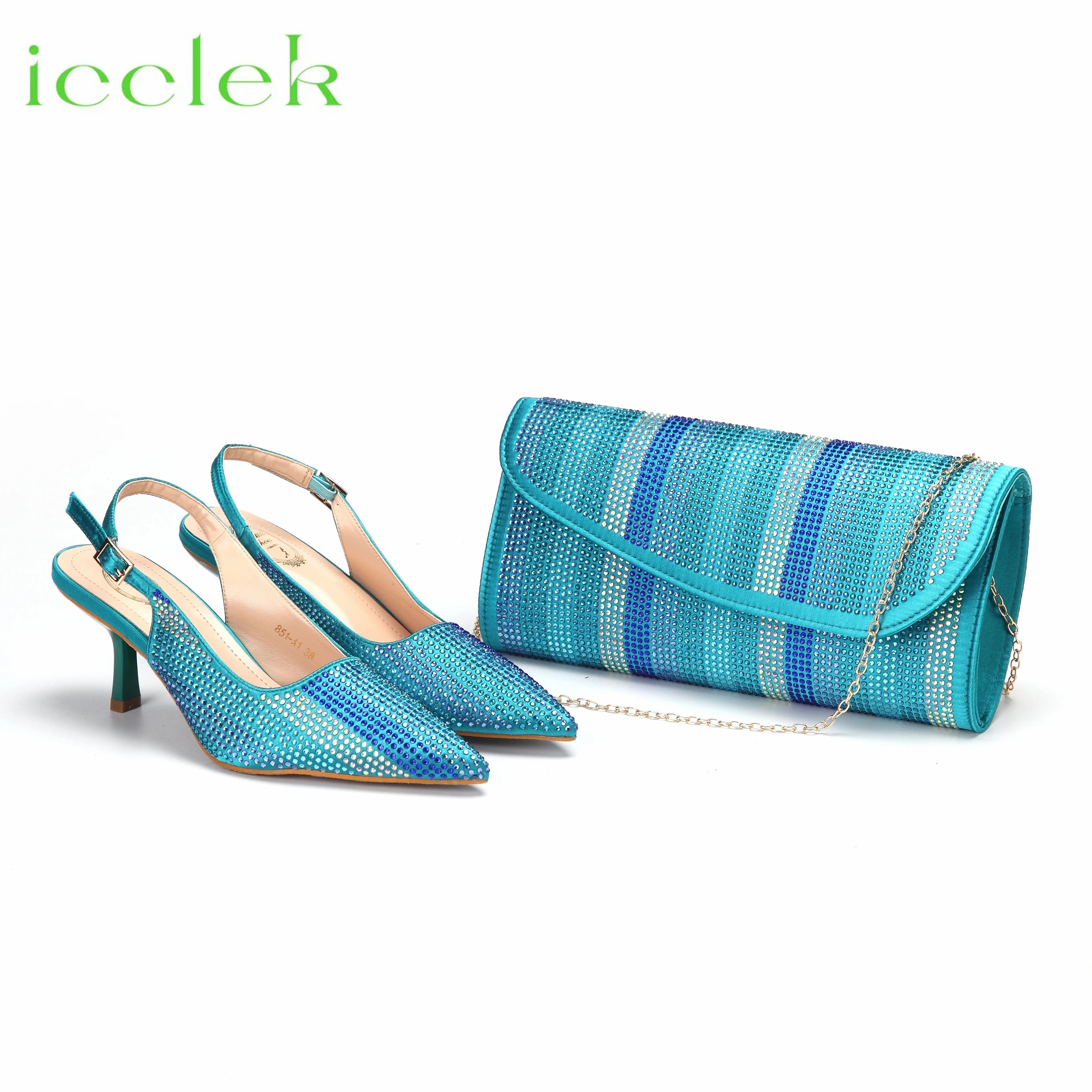 Teal Color Pointed Toe Ladies Shoes Matching Bag Set For Mature Women Wedding Party