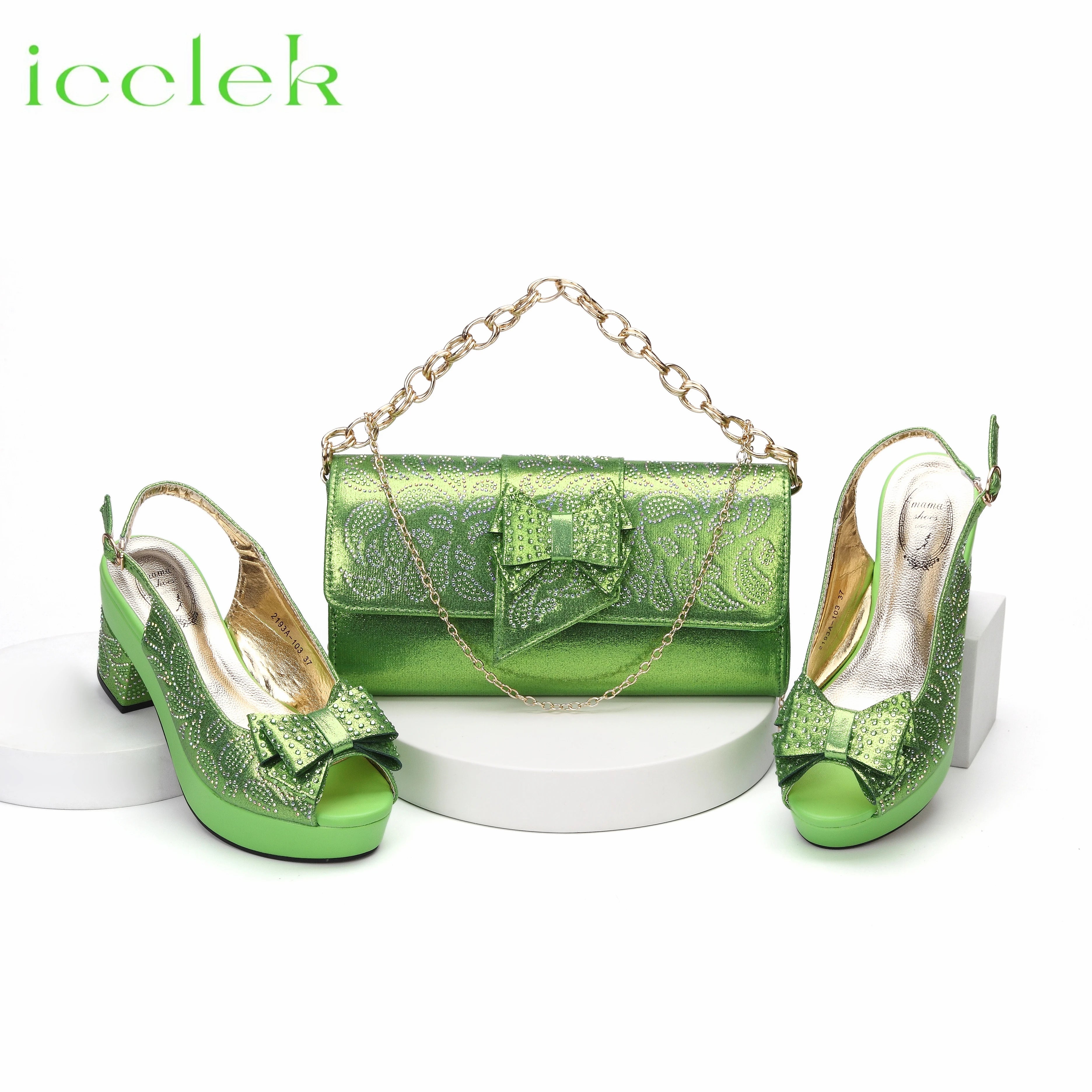 Shoes Matching Bag Set in Lemon Green Decorated with Crystal For Ladies