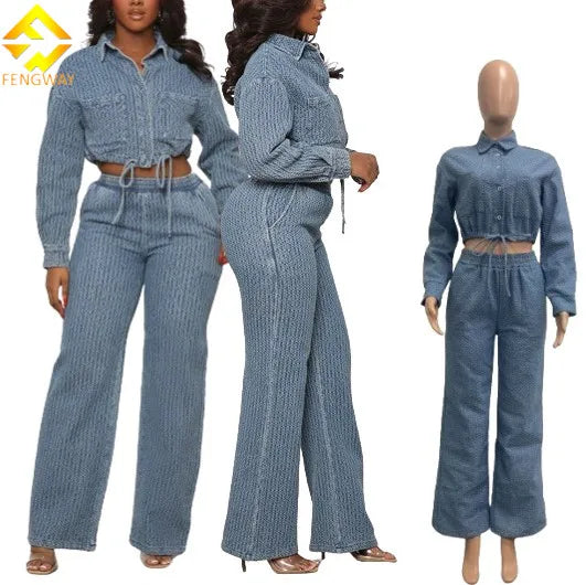 Women's denim set with button-down shirt for chic style -2024 Crop Denim Jacket High Waist Pockets Straight Jeans Women Two Piece Set Stretch Denim Two Pieces Pants Set Women's denim set with button-down shirt for chic style -2024 Crop Denim Jacket High Waist Pockets Straight Jeans Women Two Piece Set Stretch Denim Two Pieces Pants Set