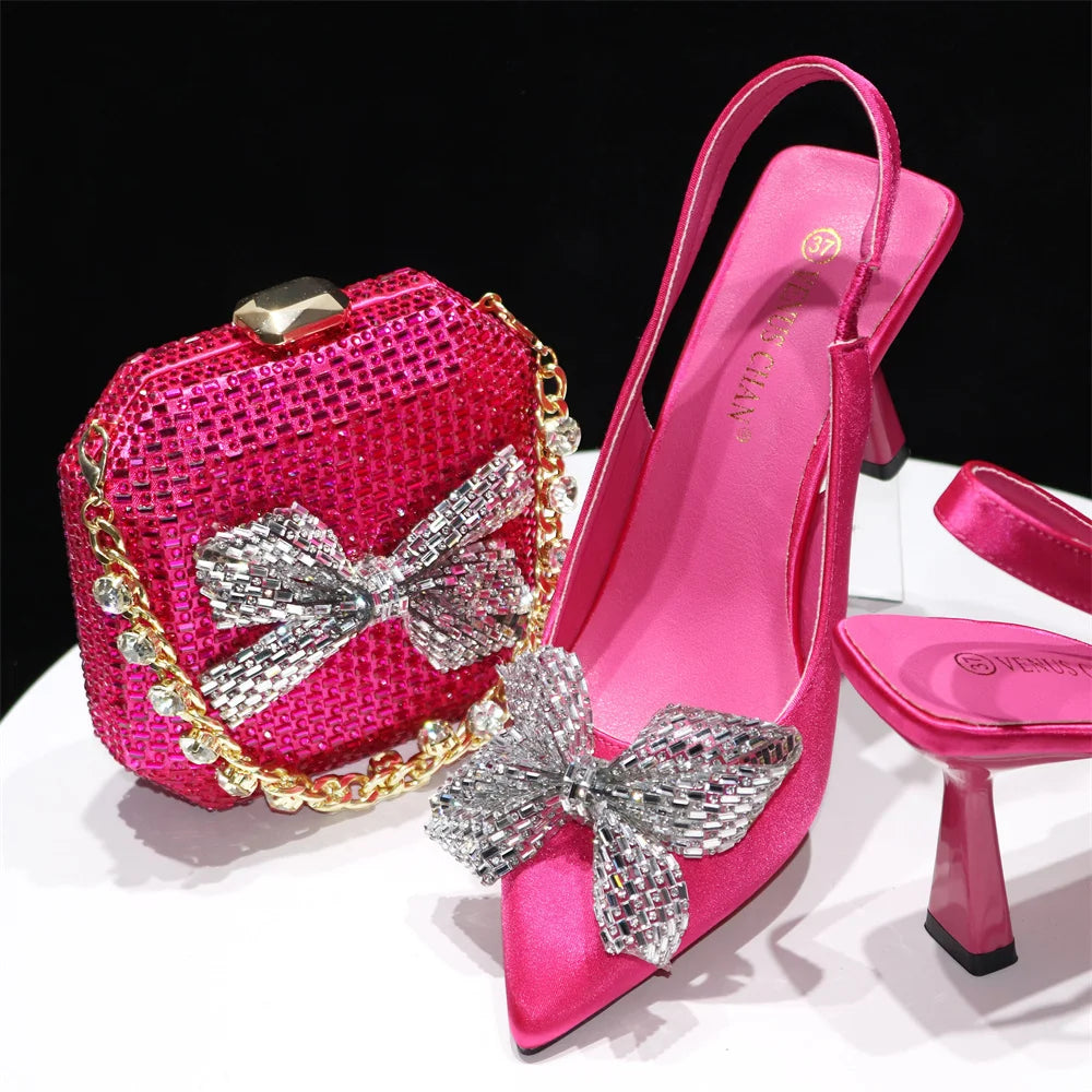 Rhinestones Design Ladies Shoes Matching Bag Set in Fuchsia