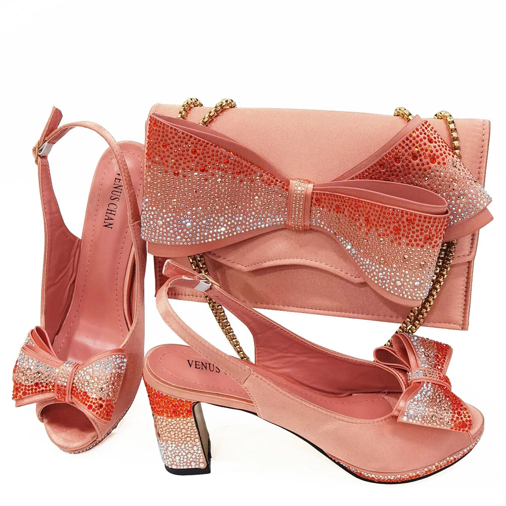 Peach Color Pointed Toe Fish Billed High Heels Ladies Shoes Matching Bag Set