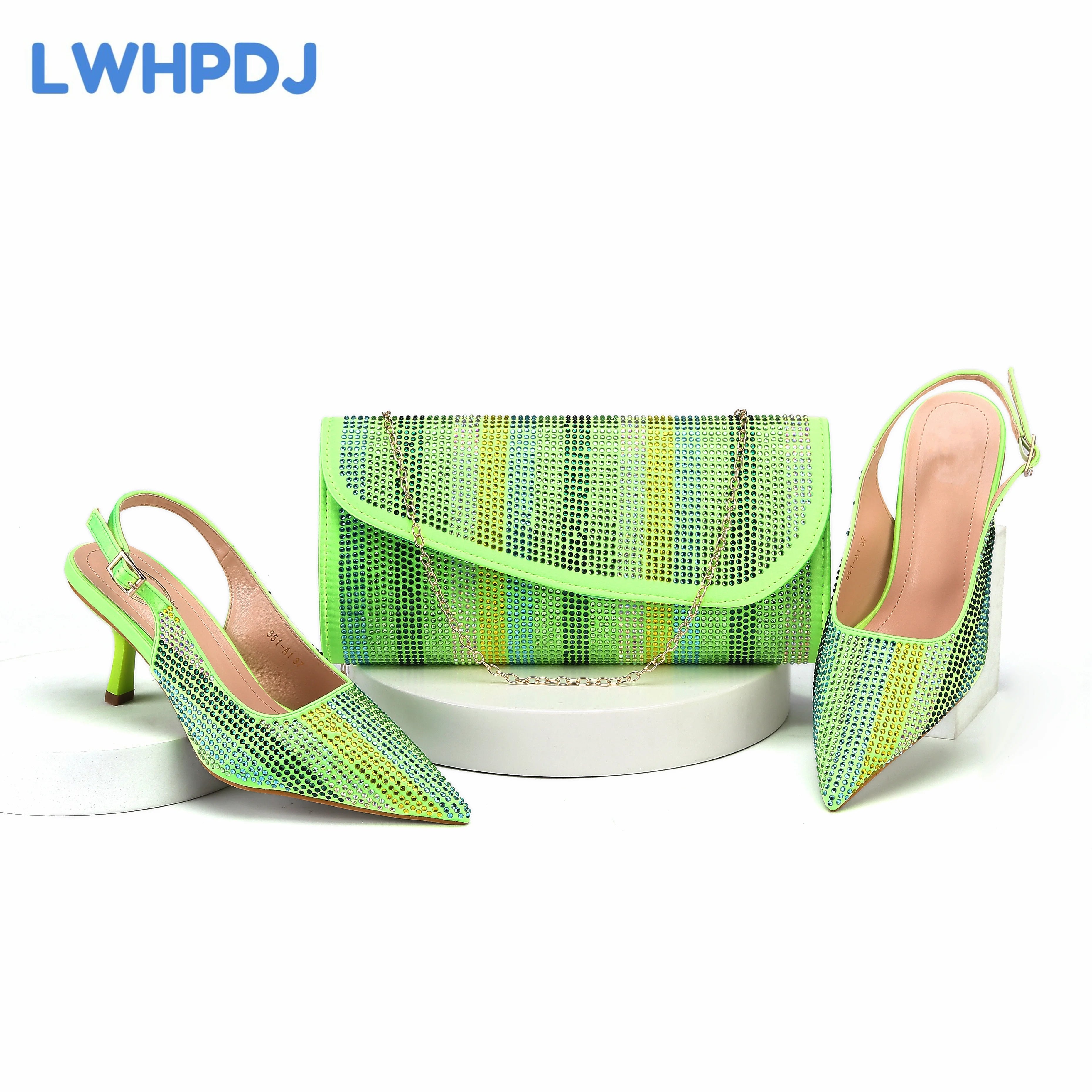 Stiletto Heel Pumps with Perfect Fit--Green Color Water Drill Design High Heels Pointed Toe Ladies Shoes Matching Bag-Fashionable & Classic