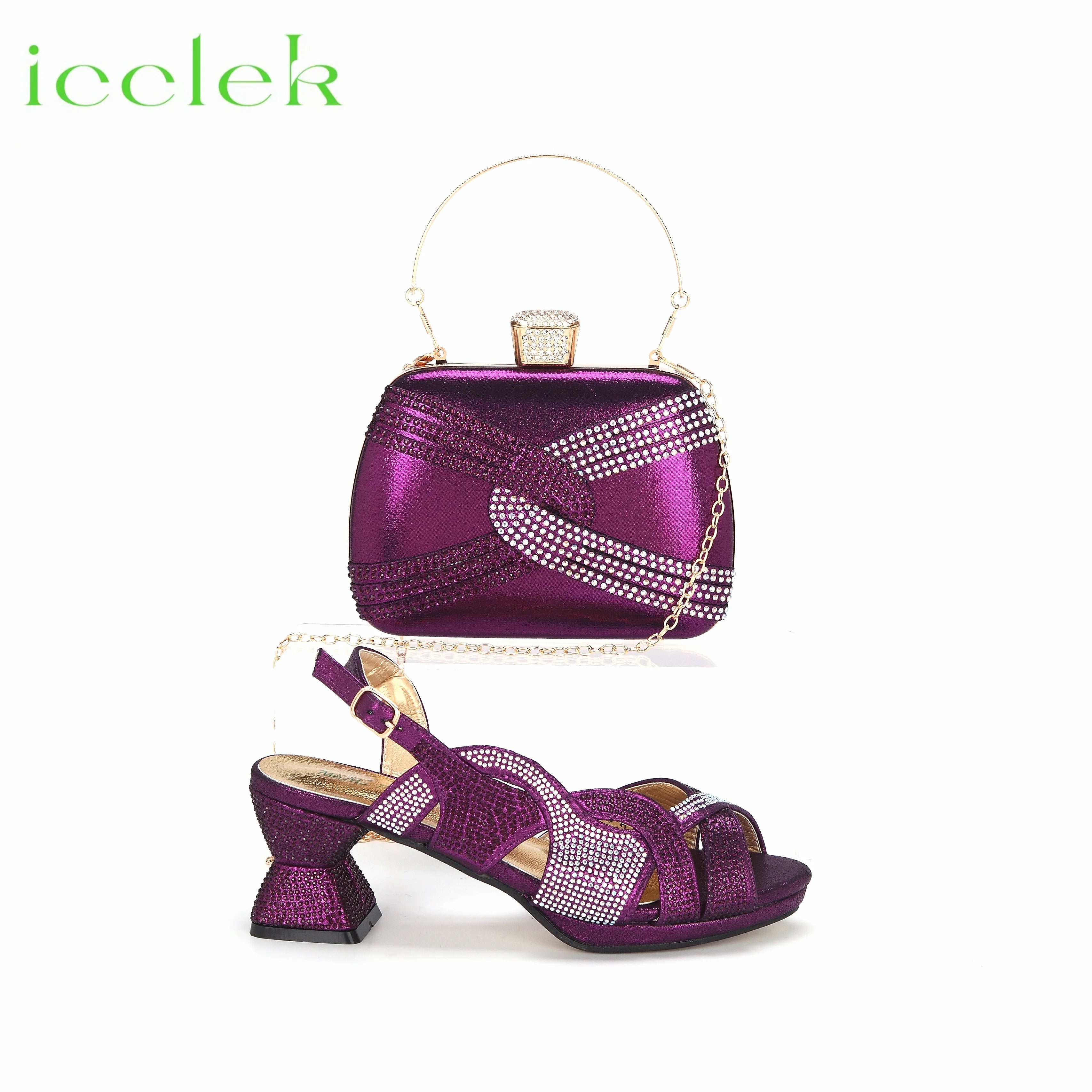 Purple Color Peep Toe Ladies Shoes Matching Bag Set For Mature Women