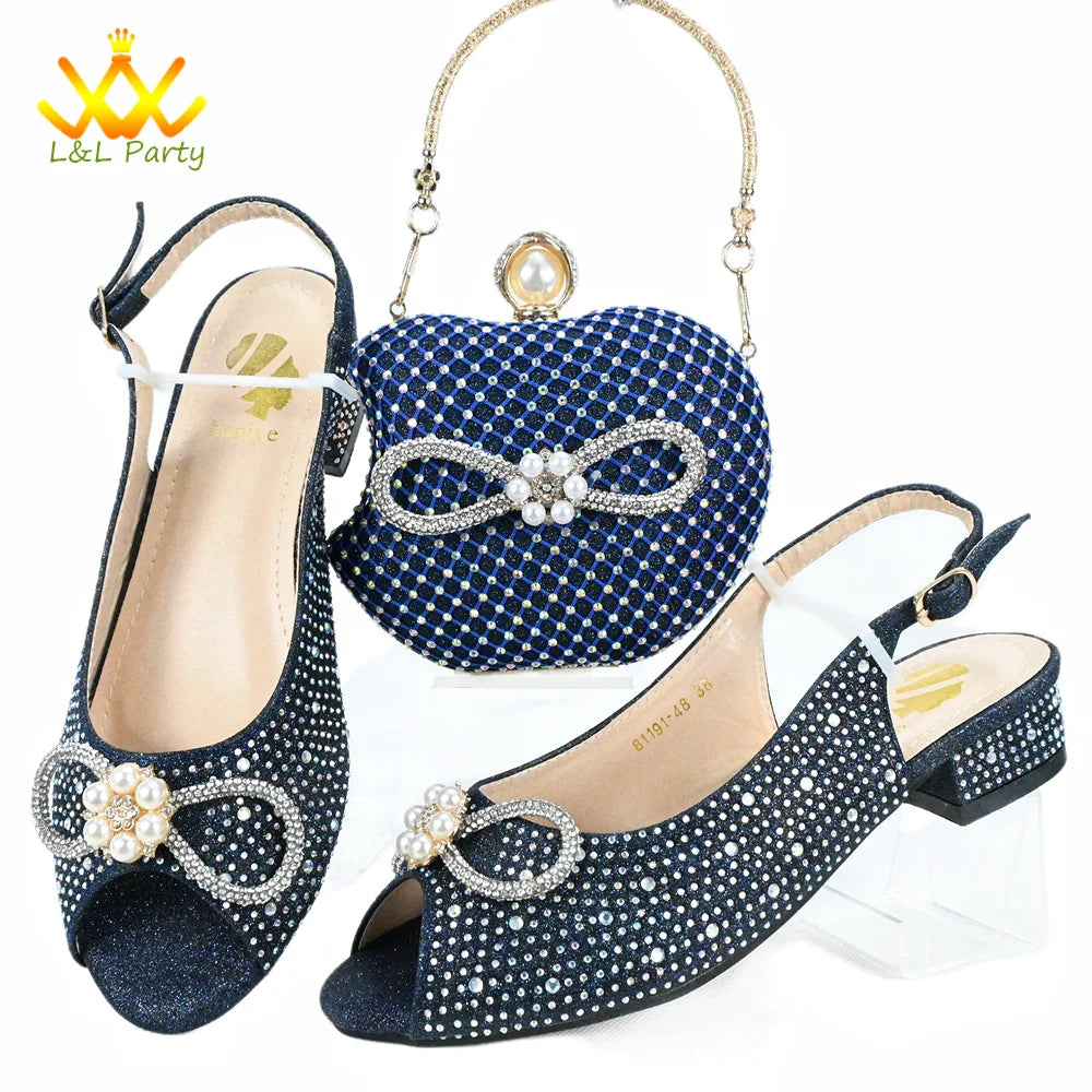 Affordable Rhinestone Pumps for a Dazzling Look---Italian Ladies Shoes Matching Handbag to Match Low Heels with Shining Crystal