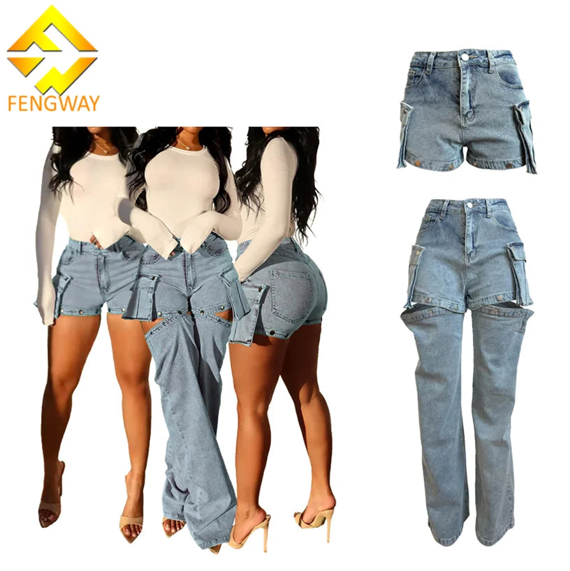 Women's denim shorts for tall women : Jeans2024 New Design Removable Denim Pants Multi Pocket Shorts +Trouser Legs Trendy Stretch Washed Jeans For Women