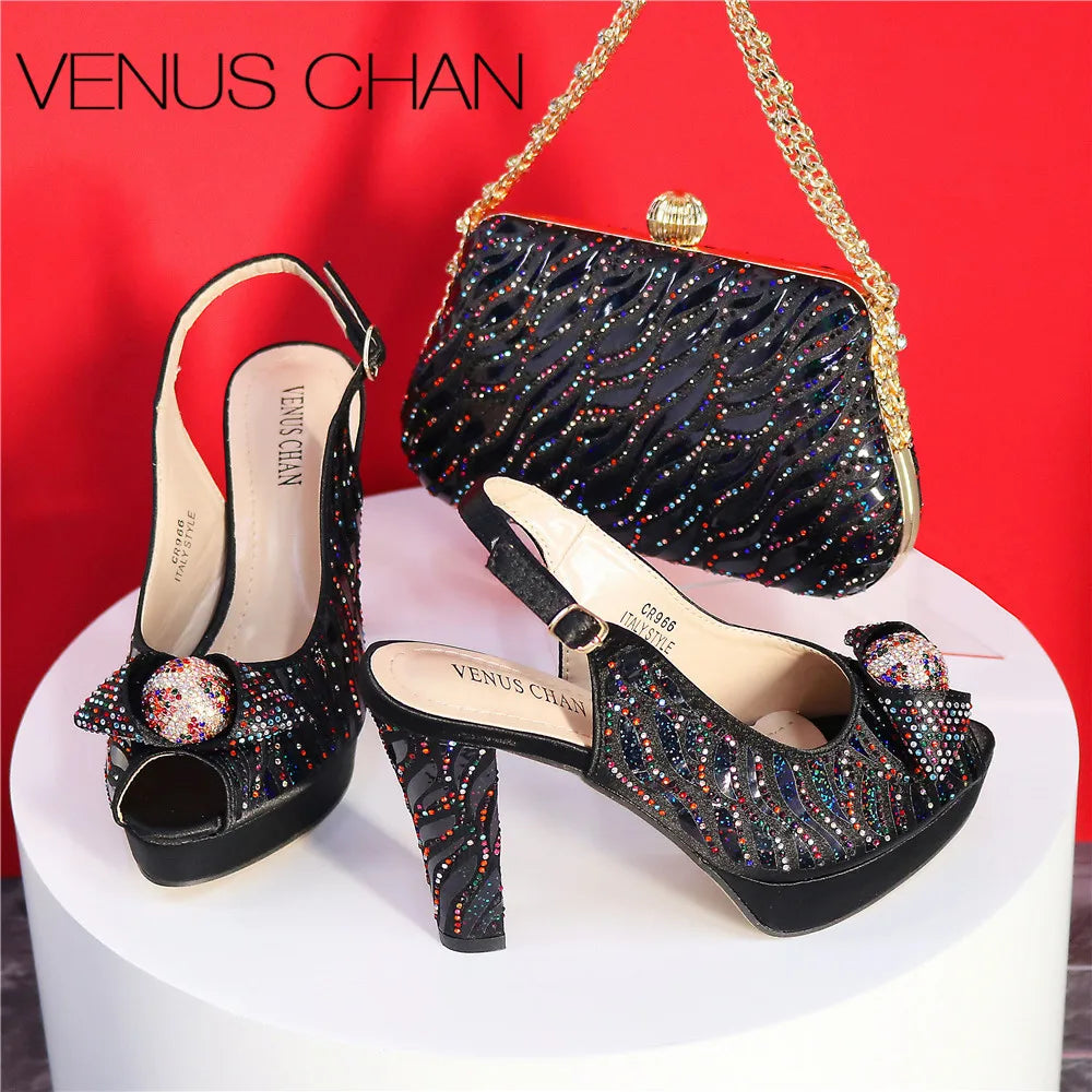 Fashionable Black Rainbow Color Thin Heels Ladies Shoes Matching Bag Set