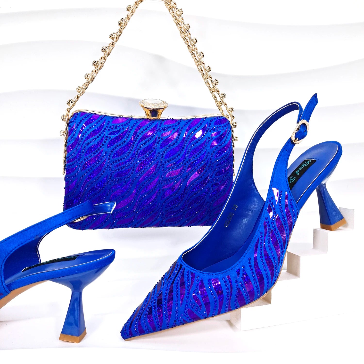 Italian Royal Blue Color Pointed Toe Women Shoes Matching Bag Set For Ladies