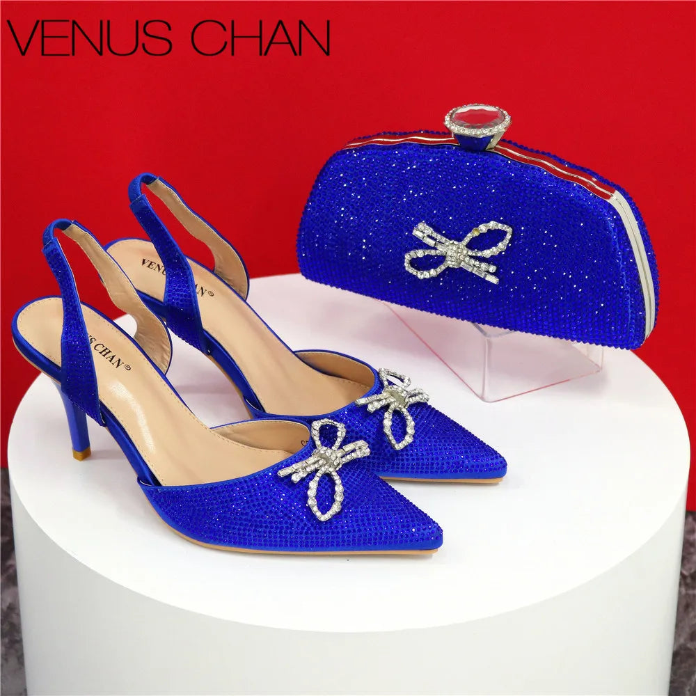 Trendy Chunky Heel Pumps for Casual Wear--Blue Color Elegant High Heels Nigeria Popular Design African Ladies Shoes Matching Bag