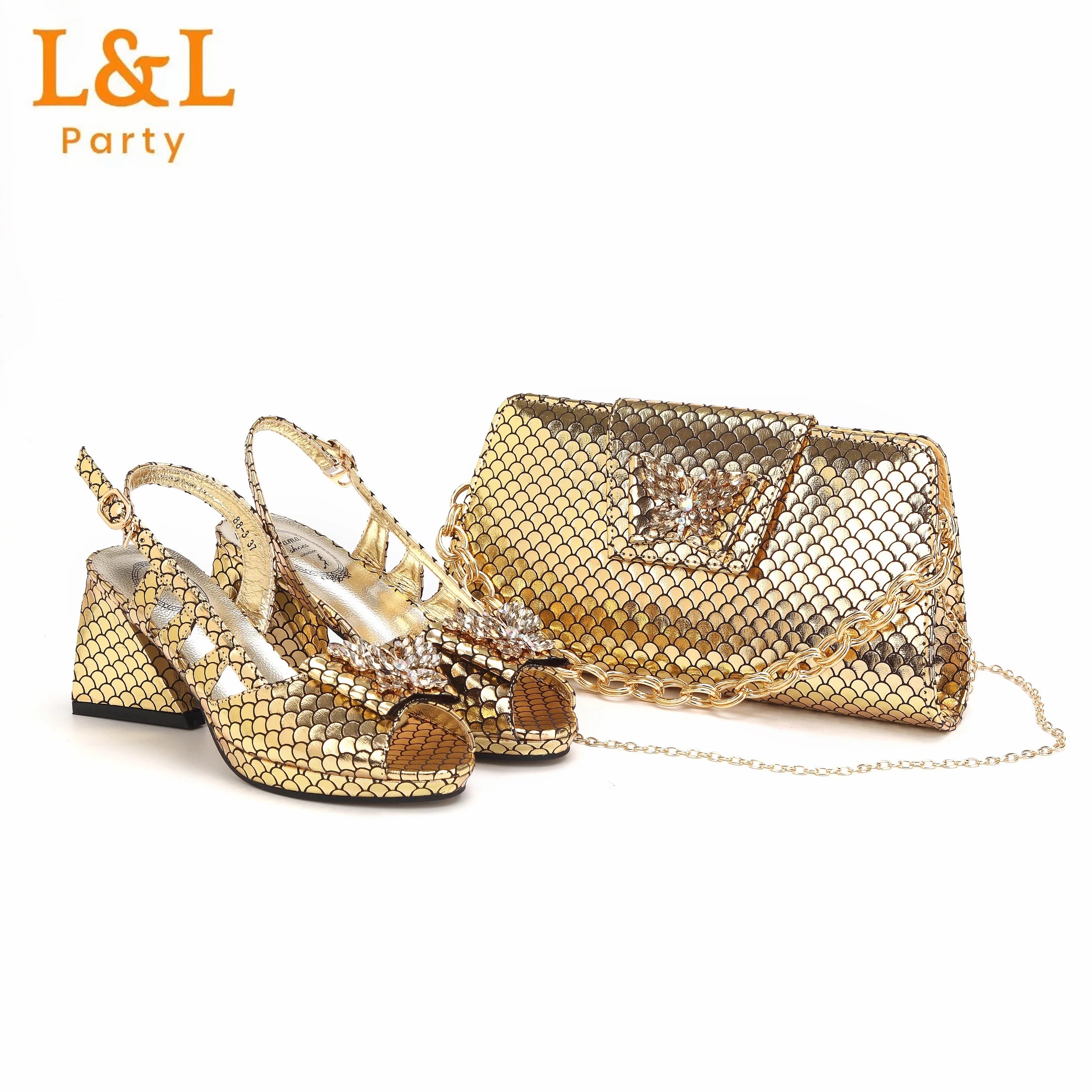 Comfortable Heels Ladies Shoes Matching Bag Set in Gold Color For Wedding Party