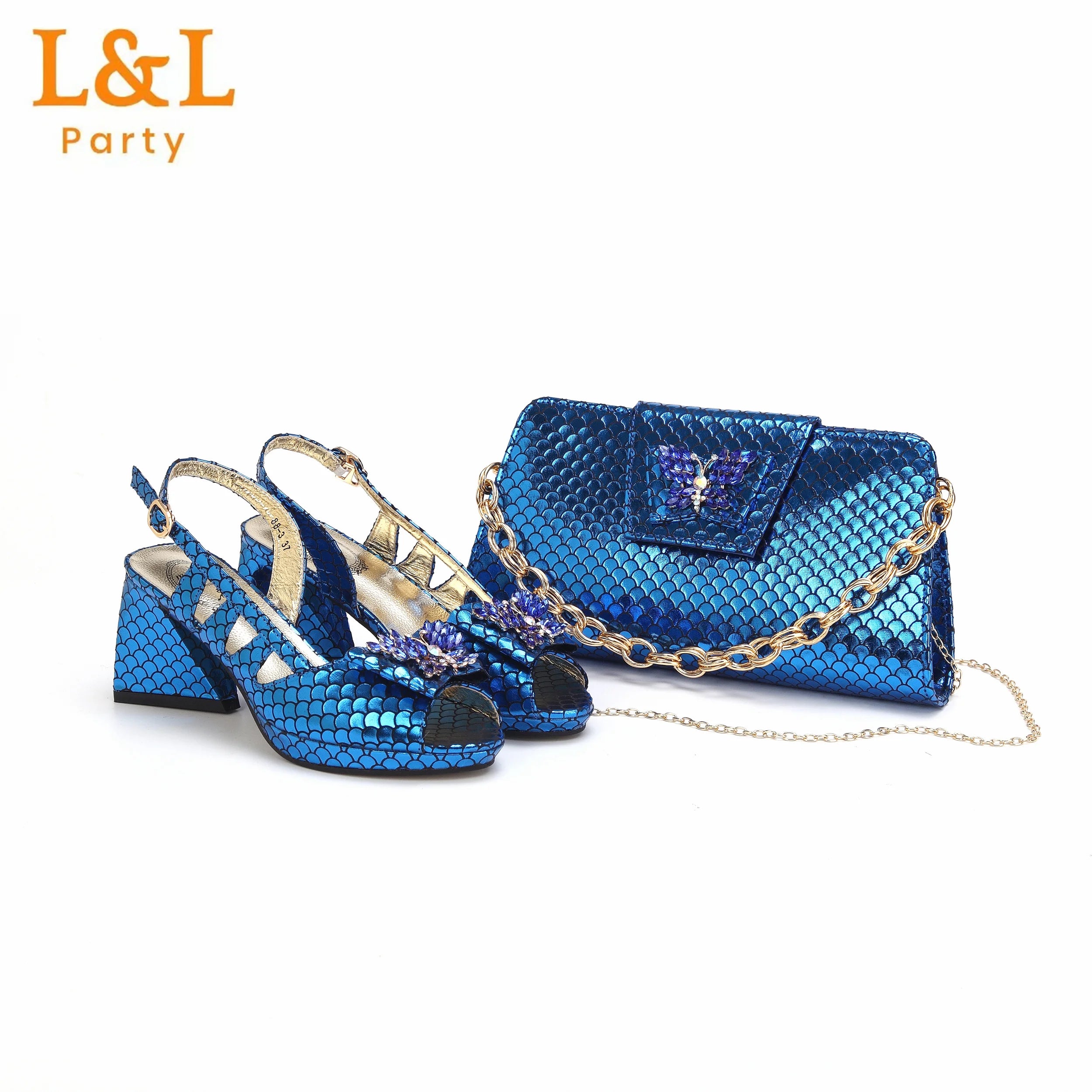 Royal Blue Fish Scale Material Design Ladies Shoes Matching Bag Set